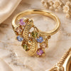Oro Laminado Multi Stone Ring, Gold Filled Style Cluster and Leaf Design, with Multicolor Cubic Zirconia, Diamond Cutting Finish, Golden Finish, 5.172.018.08 (Size 8)