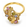 Oro Laminado Multi Stone Ring, Gold Filled Style Cluster and Leaf Design, with Multicolor Cubic Zirconia, Diamond Cutting Finish, Golden Finish, 5.172.018.08 (Size 8)
