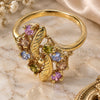 Oro Laminado Multi Stone Ring, Gold Filled Style Cluster and Leaf Design, with Multicolor Cubic Zirconia, Diamond Cutting Finish, Golden Finish, 5.172.018.09 (Size 9)