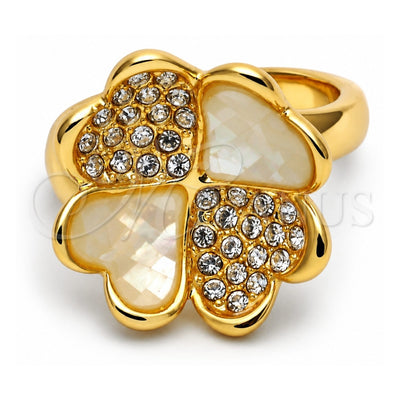 Oro Laminado Elegant Ring, Gold Filled Style Flower and Heart Design, with Champagne Opal and White Crystal, Polished, Golden Finish, 5.174.022.07 (Size 7)