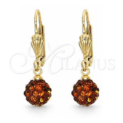 Oro Laminado Dangle Earring, Gold Filled Style Ball Design, with Brown Crystal, Polished, Golden Finish, 5.120.013.1