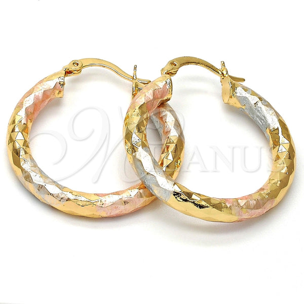 Oro Laminado Medium Hoop, Gold Filled Style Hollow Design, Diamond Cutting Finish, Tricolor, 02.170.0044.1.30