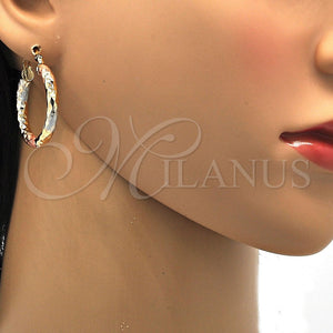 Gold Filled Hoop Earrings — Medium Hoop Hollow Design Diamond Cutting Tricolor 02. — main product view — SKU 103670 | Oro Laminado aretes de aro — Medium Hoop Hollow diseño Diamond Cutting Tricolor 02. — SKU 103670