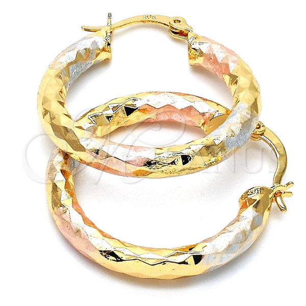 Gold Filled Hoop Earrings — Medium Hoop Hollow Design Diamond Cutting Tricolor 02. — alternate product view — SKU 103670 | Oro Laminado aretes de aro — Medium Hoop Hollow diseño Diamond Cutting Tricolor 02. — SKU 103670