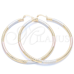 Gold Filled Hoop Earrings — Extra Large Hoop Hollow Design Diamond Cutting Tricolor — main product view — SKU 103675 | Oro Laminado aretes de aro — Extra Large Hoop Hollow diseño Diamond Cutting Tricolor — SKU 103675
