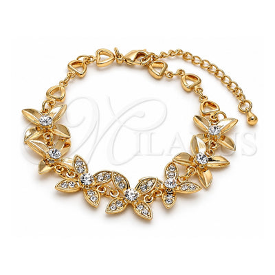 Oro Laminado Fancy Bracelet, Gold Filled Style Flower and Heart Design, with White Crystal, Polished, Golden Finish, 03.171.0052.07 (12 MM Thickness, 7 Inches Length)