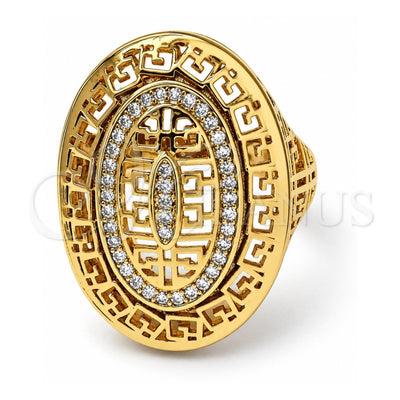 Oro Laminado Multi Stone Ring, Gold Filled Style Greek Key Design, with White Micro Pave, Polished, Golden Finish, 01.118.0024.07 (Size 7)