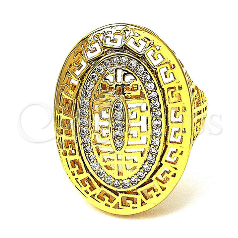 Oro Laminado Multi Stone Ring, Gold Filled Style Greek Key Design, with White Micro Pave, Polished, Golden Finish, 01.118.0024.07 (Size 7)