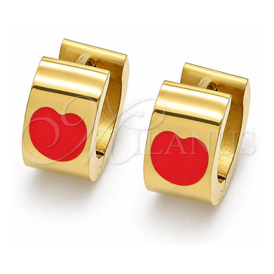 Stainless Steel Huggie Hoop, Heart Design, Orange Enamel Finish, Golden Finish, 02.216.0011.4