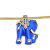Oro Laminado Pendant Necklace, Gold Filled Style Elephant Design, with White Crystal and Sapphire Blue Opal, Polished, Golden Finish, 04.182.0056.35 (50 MM Thickness, 35 Inches Length)