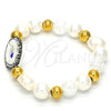 Stainless Steel Fancy Bracelet, with Ivory Pearl and Light Brown Crystal, Polished, Golden Finish, 03.229.0005.07 (10 MM Thickness, 7 Inches Length)