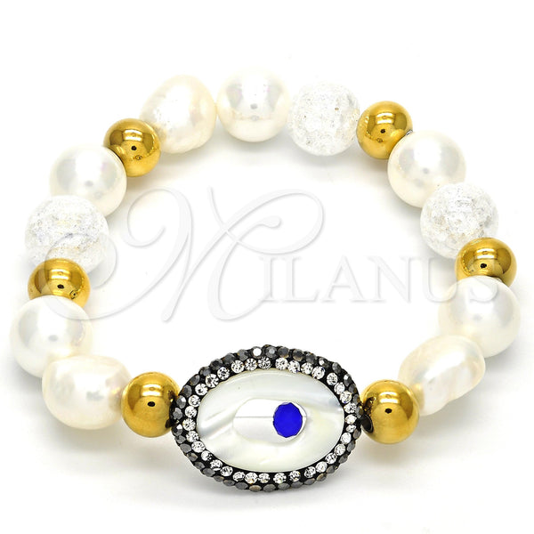Stainless Steel Bracelet — Fancy Bracelet with Ivory Pearl and Light Brown — main product view — SKU 104229 | Acero Inoxidable brazalete — elegante Bracelet with Ivory Pearl and Light Brown — SKU 104229