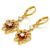 Oro Laminado Long Earring, Gold Filled Style Butterfly and Flower Design, with Garnet and White Cubic Zirconia, Polished, Golden Finish, 02.206.0029