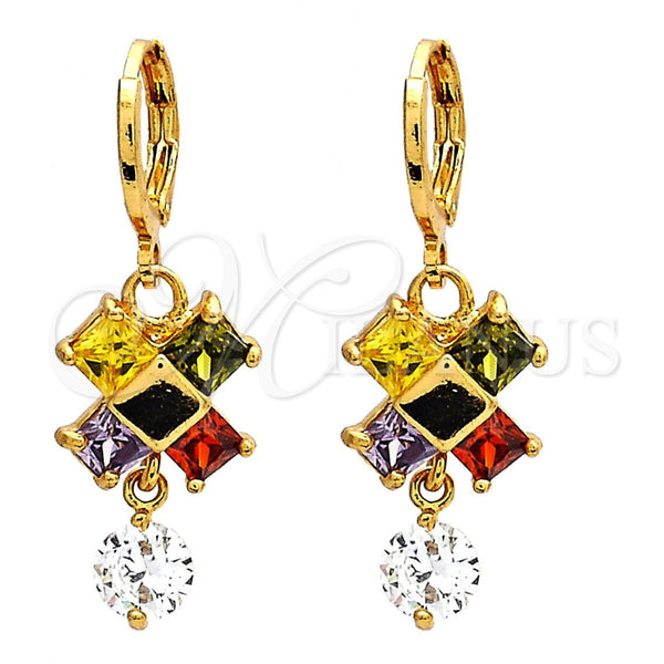 Oro Laminado Long Earring, Gold Filled Style with Multicolor and White Cubic Zirconia, Polished, Golden Finish, 02.217.0006