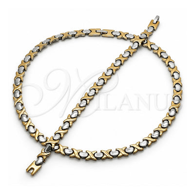 Stainless Steel Necklace and Bracelet, Hugs and Kisses and Heart Design, Polished, Two Tone, 06.231.0001.1