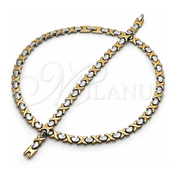 Stainless Steel Necklace and Bracelet, Hugs and Kisses and Heart Design, Polished, Two Tone, 06.231.0001.1
