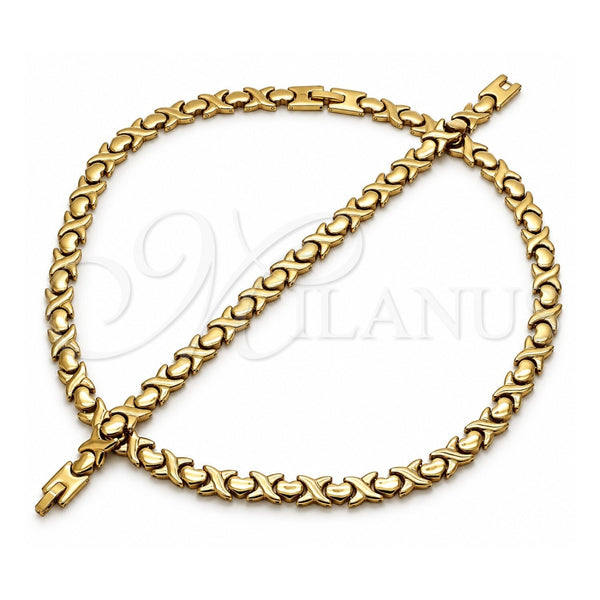 Stainless Steel Necklace and Bracelet, Hugs and Kisses and Heart Design, Polished, Golden Finish, 06.231.0001.2
