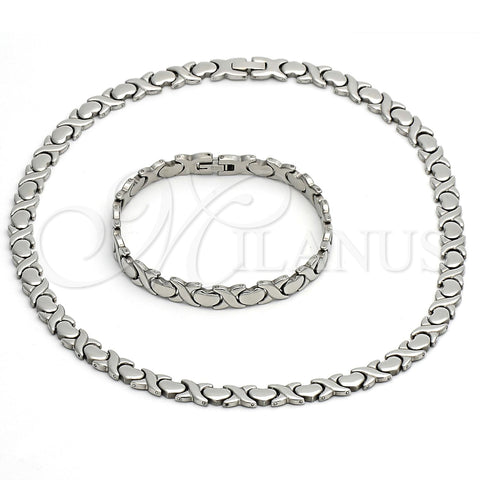 Stainless Steel Necklace and Bracelet, Hugs and Kisses and Heart Design, Polished, Steel Finish, 06.231.0001