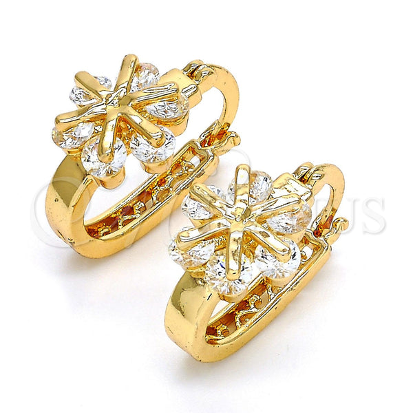 Gold Filled Hoop Earrings — Small Hoop Flower Design with White Cubic Zirconia — main product view — SKU 104453 | Oro Laminado aretes de aro — Small Hoop flor diseño with blanco Cubic Zirconia — SKU 104453