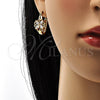 Oro Laminado Small Hoop, Gold Filled Style Flower and Leaf Design, with White Cubic Zirconia, Polished, Golden Finish, 02.196.0028.1.15
