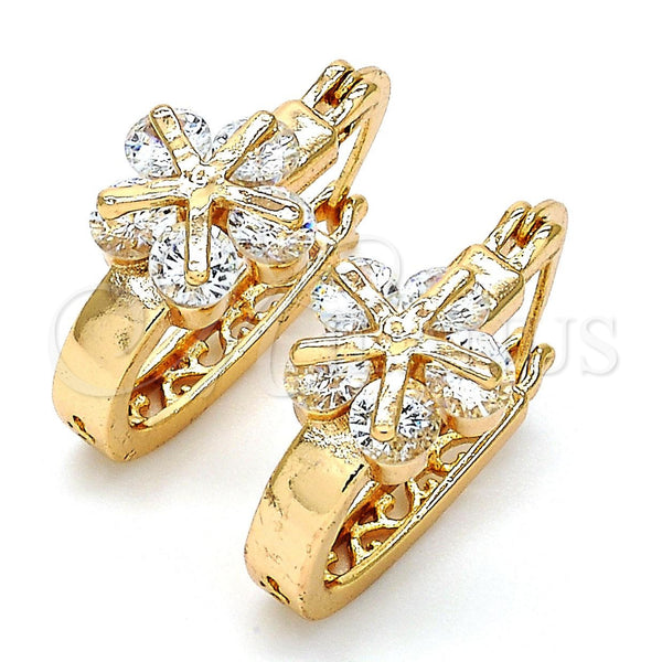 Gold Filled Hoop Earrings — Small Hoop Flower Design with White Cubic Zirconia — main product view — SKU 104463 | Oro Laminado aretes de aro — Small Hoop flor diseño with blanco Cubic Zirconia — SKU 104463