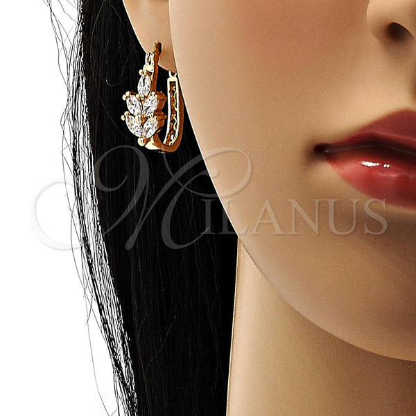 Gold Filled Hoop Earrings — Small Hoop Leaf Design with White Cubic Zirconia — alternate product view — SKU 104469 | Oro Laminado aretes de aro — Small Hoop Leaf diseño with blanco Cubic Zirconia — SKU 104469