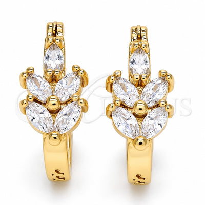 Oro Laminado Small Hoop, Gold Filled Style Leaf Design, with White Cubic Zirconia, Polished, Golden Finish, 02.196.0047.15
