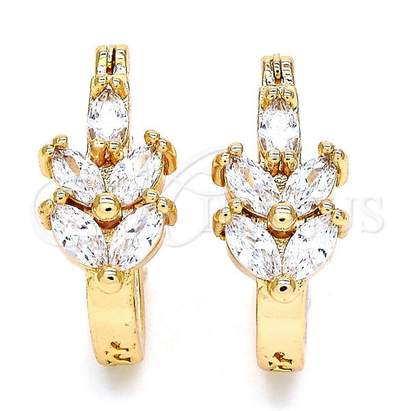 Gold Filled Hoop Earrings — Small Hoop Leaf Design with White Cubic Zirconia — main product view — SKU 104469 | Oro Laminado aretes de aro — Small Hoop Leaf diseño with blanco Cubic Zirconia — SKU 104469