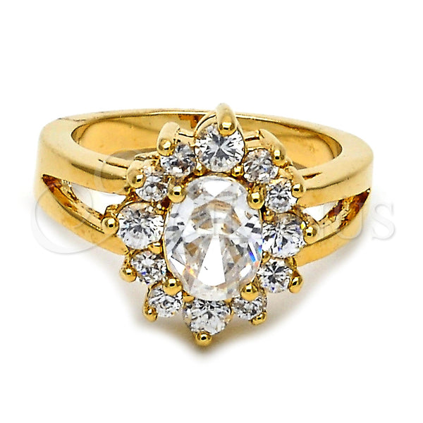 Oro Laminado Multi Stone Ring, Gold Filled Style Flower Design, with White Cubic Zirconia, Polished, Golden Finish, 01.63.0242.08 (Size 8)