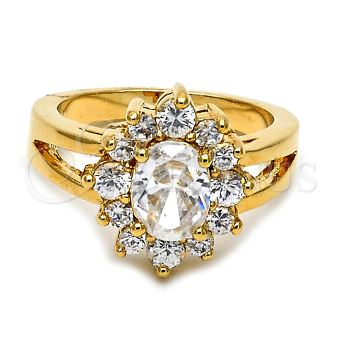 Oro Laminado Multi Stone Ring, Gold Filled Style Flower Design, with White Cubic Zirconia, Polished, Golden Finish, 01.63.0242.08 (Size 8)