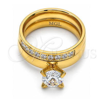 Stainless Steel Wedding Ring, Duo Design, with White Cubic Zirconia and White Crystal, Polished, Golden Finish, 01.223.0013.07 (Size 7)