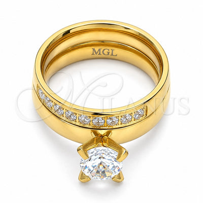 Stainless Steel Wedding Ring, Duo Design, with White Cubic Zirconia and White Crystal, Polished, Golden Finish, 01.223.0013.08 (Size 8)