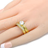 Stainless Steel Wedding Ring, Duo Design, with White Cubic Zirconia and White Crystal, Polished, Golden Finish, 01.223.0013.09 (Size 9)