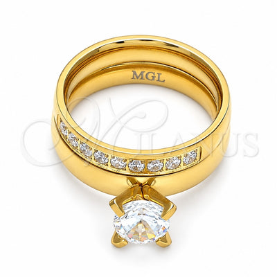 Stainless Steel Wedding Ring, Duo Design, with White Cubic Zirconia and White Crystal, Polished, Golden Finish, 01.223.0013.09 (Size 9)