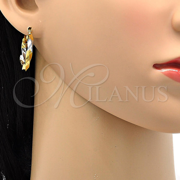 Gold Filled Hoop Earrings — Small Hoop Twist Design Polished Two Tone 02. — alternate product view — SKU 104995 | Oro Laminado aretes de aro — Small Hoop Twist diseño pulido Two Tone 02. — SKU 104995
