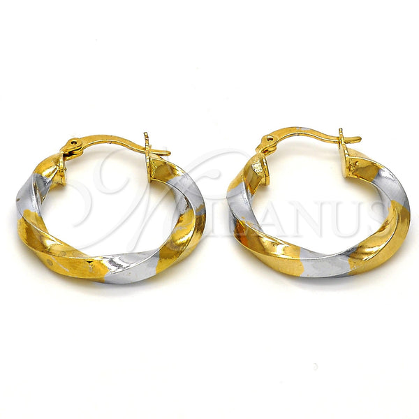 Gold Filled Hoop Earrings — Small Hoop Twist Design Polished Two Tone 02. — main product view — SKU 104995 | Oro Laminado aretes de aro — Small Hoop Twist diseño pulido Two Tone 02. — SKU 104995