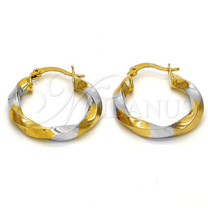 Gold Filled Hoop Earrings — Small Hoop Twist Design Polished Two Tone 02. — main product view — SKU 104995 | Oro Laminado aretes de aro — Small Hoop Twist diseño pulido Two Tone 02. — SKU 104995