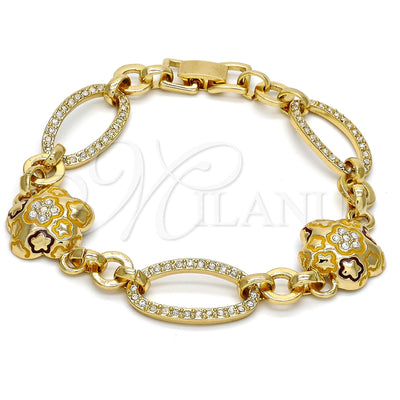 Oro Laminado Fancy Bracelet, Gold Filled Style Flower and Star Design, with White Crystal, Multicolor Enamel Finish, Golden Finish, 03.59.0069.08 (17 MM Thickness, 8 Inches Length)