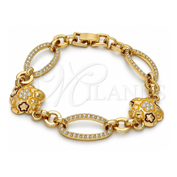 Oro Laminado Fancy Bracelet, Gold Filled Style Flower and Star Design, with White Crystal, Multicolor Enamel Finish, Golden Finish, 03.59.0069.08 (17 MM Thickness, 8 Inches Length)