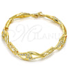 Oro Laminado Fancy Bracelet, Gold Filled Style Greek Key and Teardrop Design, with White Crystal, Polished, Golden Finish, 03.59.0058.08 (11 MM Thickness, 8 Inches Length)