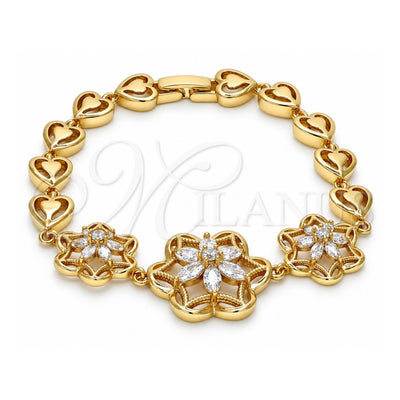 Oro Laminado Fancy Bracelet, Gold Filled Style Flower and Heart Design, with White Cubic Zirconia, Polished, Golden Finish, 03.206.0038.07 (08 MM Thickness, 7 Inches Length)