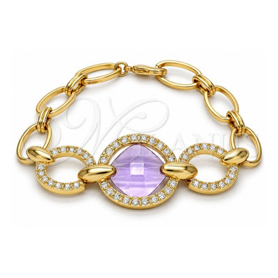 Oro Laminado Fancy Bracelet, Gold Filled Style with Amethyst Azavache and White Crystal, Polished, Golden Finish, 03.59.0071.08 (10 MM Thickness, 8 Inches Length)