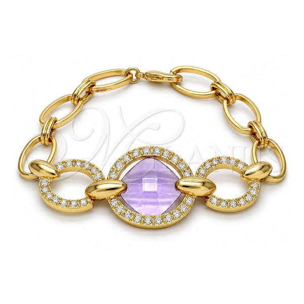 Oro Laminado Fancy Bracelet, Gold Filled Style with Amethyst Azavache and White Crystal, Polished, Golden Finish, 03.59.0071.08 (10 MM Thickness, 8 Inches Length)