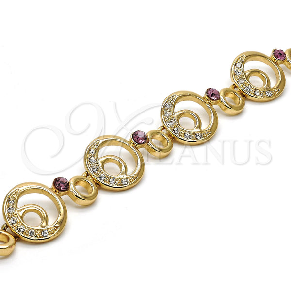 Oro Laminado Fancy Bracelet, Gold Filled Style Moon Design, with White and Amethyst Crystal, Polished, Golden Finish, 03.59.0070.08 (17 MM Thickness, 8 Inches Length)