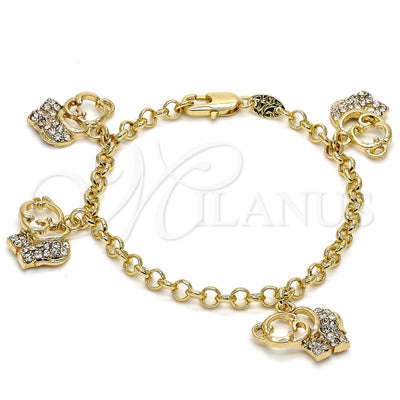 Oro Laminado Charm Bracelet, Gold Filled Style Elephant and Rolo Design, with White Crystal, Polished, Golden Finish, 03.63.1356.06 (04 MM Thickness, 6 Inches Length)