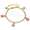 Oro Laminado Charm Bracelet, Gold Filled Style Star and Rolo Design, with White Crystal, Pink Enamel Finish, Golden Finish, 03.63.1367.07 (04 MM Thickness, 7 Inches Length)