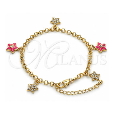 Oro Laminado Charm Bracelet, Gold Filled Style Star and Rolo Design, with White Crystal, Pink Enamel Finish, Golden Finish, 03.63.1367.07 (04 MM Thickness, 7 Inches Length)