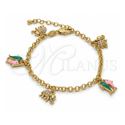 Oro Laminado Charm Bracelet, Gold Filled Style Elephant and Fish Design, with White Crystal, Multicolor Enamel Finish, Golden Finish, 03.63.1365.07 (04 MM Thickness, 7 Inches Length)