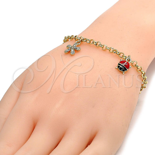 Gold Filled Bracelet — Charm Bracelet Flower and Ladybug Design with White — alternate product view — SKU 105326 | Oro Laminado brazalete — Charm Bracelet flor and Ladybug diseño with blanco — SKU 105326