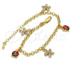 Oro Laminado Charm Bracelet, Gold Filled Style Flower and Ladybug Design, with White Crystal, Multicolor Enamel Finish, Golden Finish, 03.63.1364.07 (04 MM Thickness, 7 Inches Length)